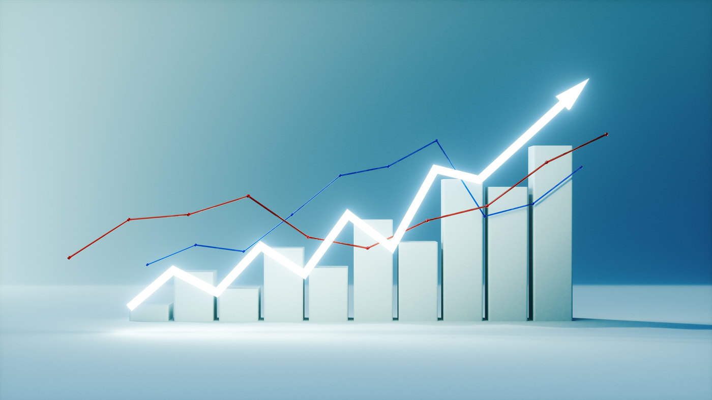 White up arrow over blue stock growth chart
