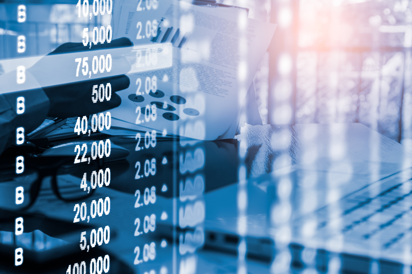 Blue and white stock market tickers